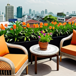 **Rooftop garden oasis**: A lush rooftop garden in Bangkok, Thailand, featuring vibrant tropical flowers, edible herbs in terracotta pots, and comfortable outdoor furniture like wicker chairs and a small coffee table. The scene is bathed in warm sunlight, with the Bangkok skyline faintly visible in the background. Focus on showcasing the relaxing and aesthetically pleasing aspect of the rooftop garden.