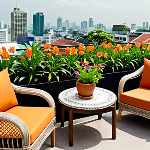 **Rooftop garden oasis**: A lush rooftop garden in Bangkok, Thailand, featuring vibrant tropical flowers, edible herbs in terracotta pots, and comfortable outdoor furniture like wicker chairs and a small coffee table. The scene is bathed in warm sunlight, with the Bangkok skyline faintly visible in the background. Focus on showcasing the relaxing and aesthetically pleasing aspect of the rooftop garden.