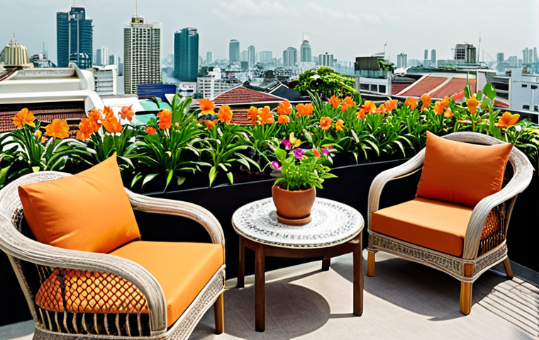**Rooftop garden oasis**: A lush rooftop garden in Bangkok, Thailand, featuring vibrant tropical flowers, edible herbs in terracotta pots, and comfortable outdoor furniture like wicker chairs and a small coffee table. The scene is bathed in warm sunlight, with the Bangkok skyline faintly visible in the background. Focus on showcasing the relaxing and aesthetically pleasing aspect of the rooftop garden.